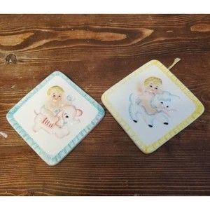 Leftons Baby Hanging Tiles Boy Girl Twins Shower Decor Vintage Japan Set of 2